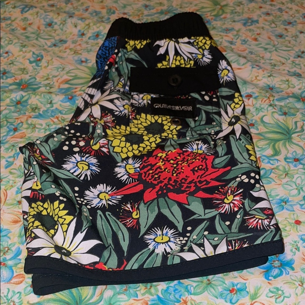 Quiksilver Kids Black Floral Swim Trunks with Red, Yellow, White, Green Accents
